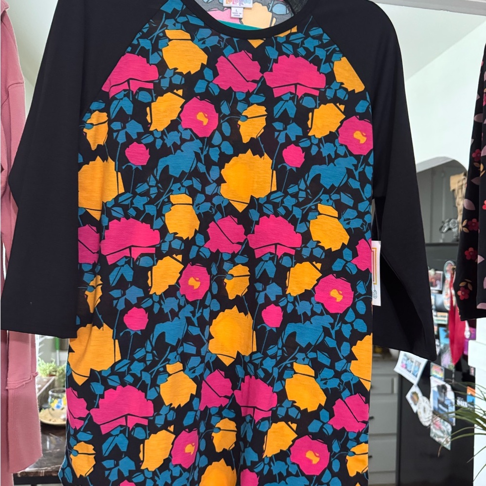LuLaRoe Abstract Floral Top Black Pink Teal